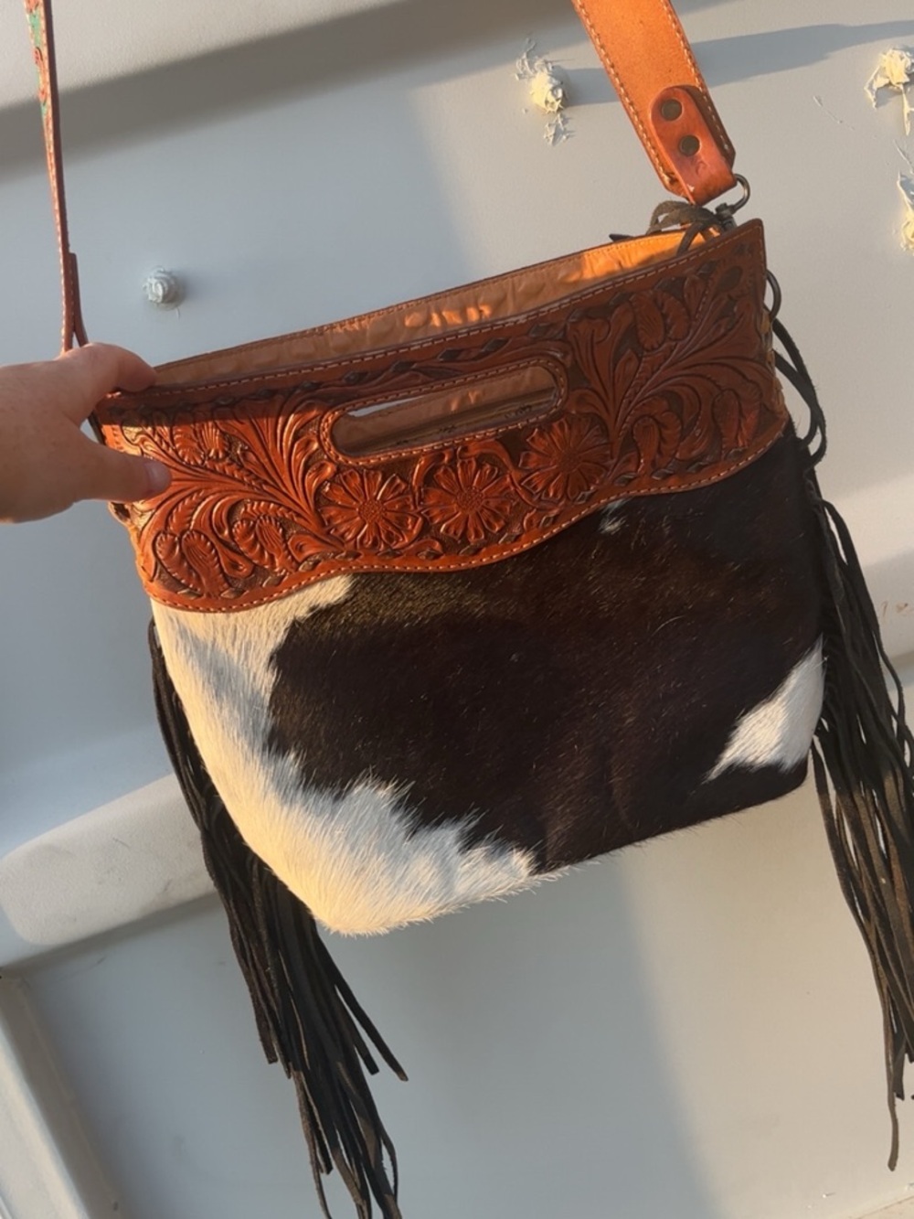 Handcrafted Tooled Leather & Cowhide Fringe Crossbody Bag - Brown/Black/White